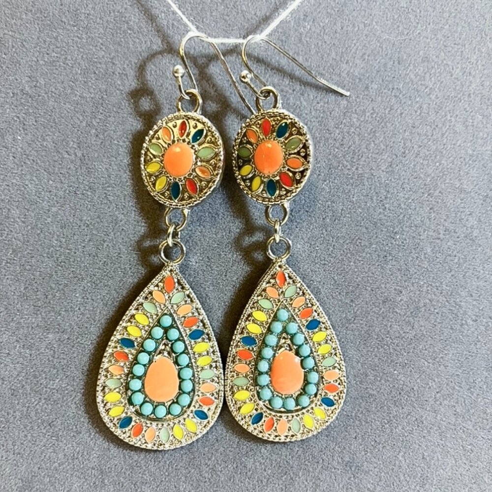 Silver Earrings with Brightly Colored Design